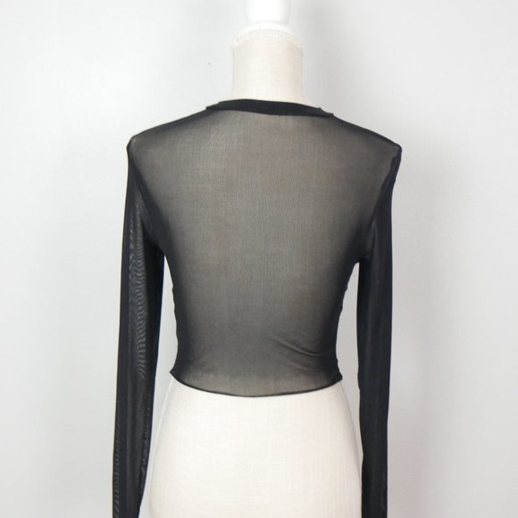 SHEIN Long Sleeve Mock Neck Cropped Black Mesh See Through Top Small - Picture 5 of 10